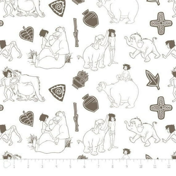 Disney Jungle Book Line Art in White Fabric Sold by The Yard