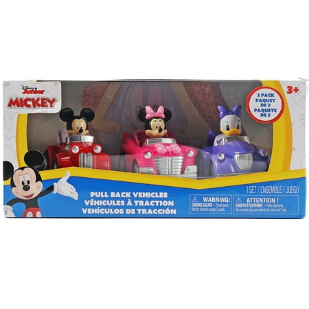 Disney Junior: 3 Pack Pull-Back Toy Vehicles - Mickey, Minnie & Daisy - 3.75" Cars, 3 Characters, Friction Vehicle Toy Playset, Toddlers & Kids Age 3+