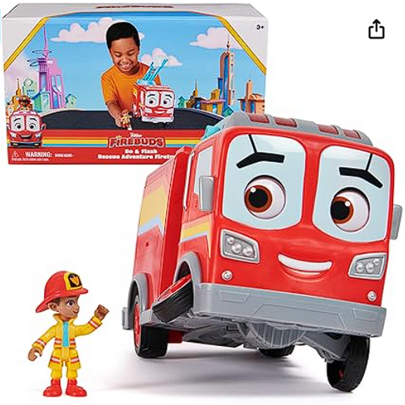 Disney Junior Firebuds, Bo & Flash Figure & Fire Truck Set with VROOMLINK for Kids Ages 3+