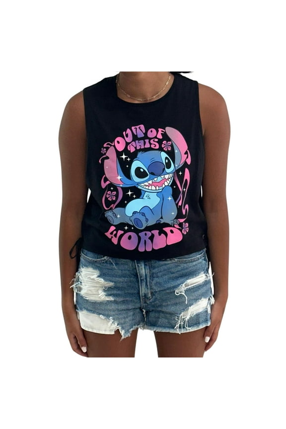 Junior Girls Lilo and Stitch Crop Top Tank T-Shirt with Side Tie- Junior Ladies Sizes XS-3XL