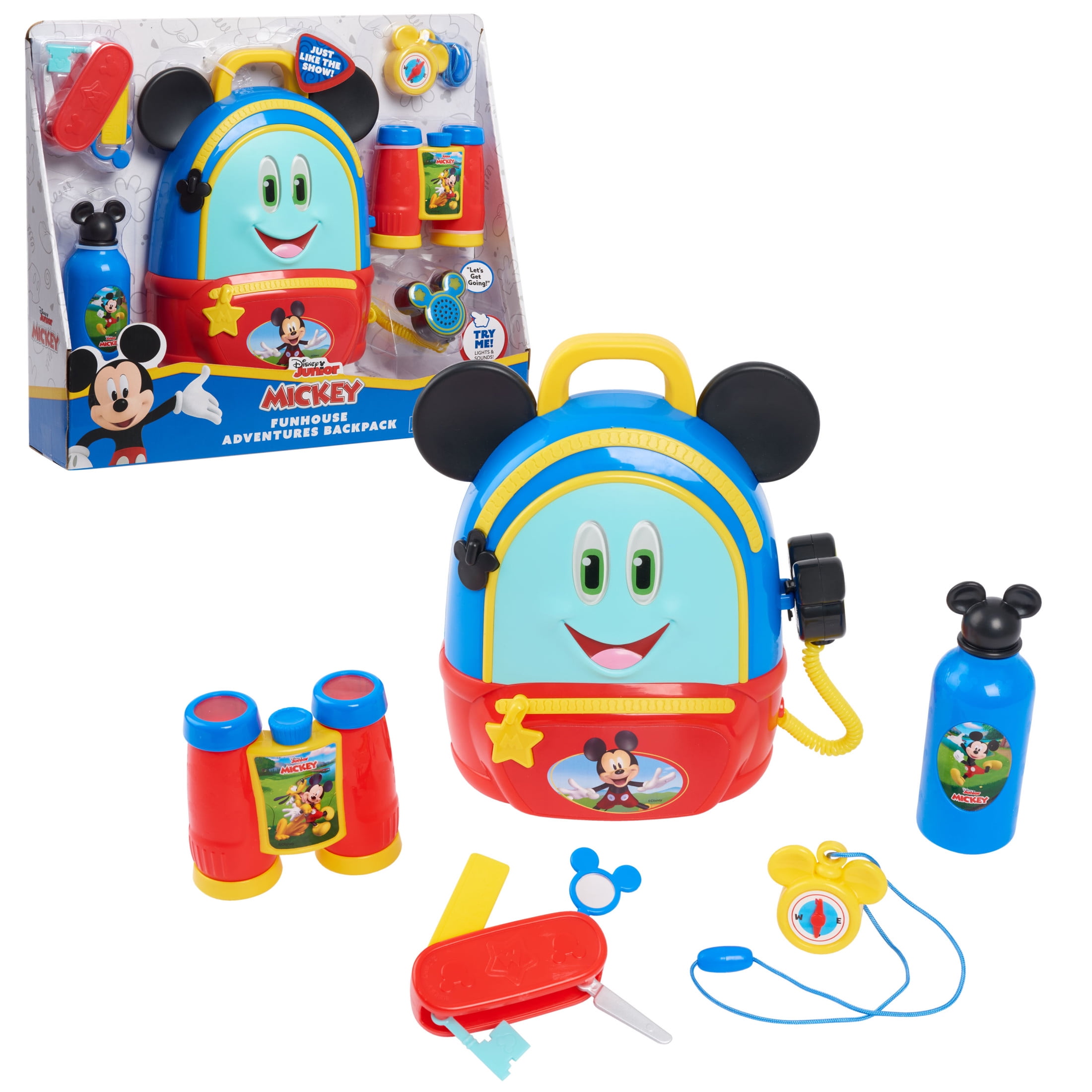Disney Junior Mickey Mouse Funhouse Adventures Backpack, 5 Piece Pretend Play Set with Lights and Sounds Accessories, Kids Toys for Ages 3 Up