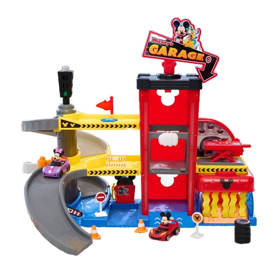 Open Box Disney Junior Mickey Mouse Ready to Race Garage, Lights and Sounds, 18-piece Vehicle Playset Baby and Toddler Toys