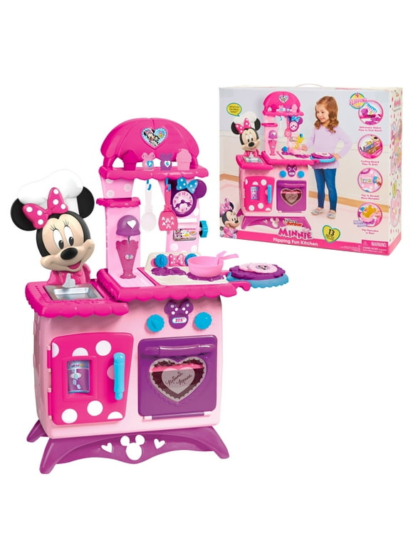 Disney Junior Minnie Mouse Flipping Fun Pretend Play Kitchen Set, Play Food, Realistic Sounds, Kids Toys for Ages 3 up