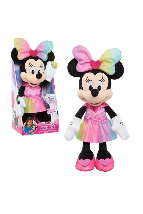 Disney Junior Minnie Mouse Sparkle and Sing Minnie Mouse, Large 13 Inch Feature Plush with Lights and Sounds Baby and Toddler Toys