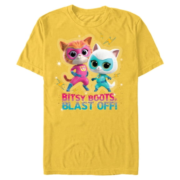Disney Junior SuperKitties Ginny and Bitsy Boots Blast Off! - Short Sleeve Blended T-Shirt for Adults - Customized-Yellow