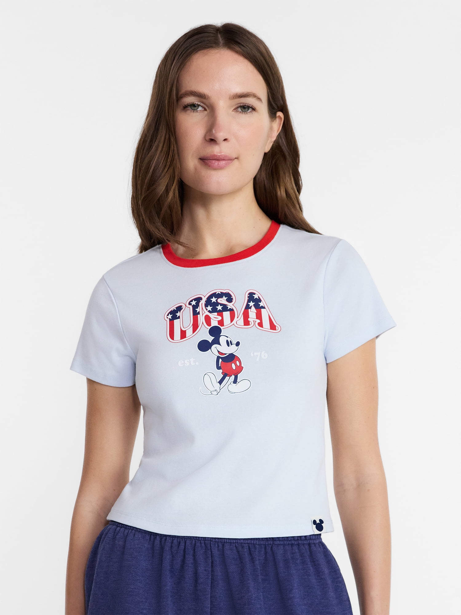 Disney Women's Mickey Stars and Stripes Graphic Baby Tee with Short Sleeves, Sizes XXS-XXL
