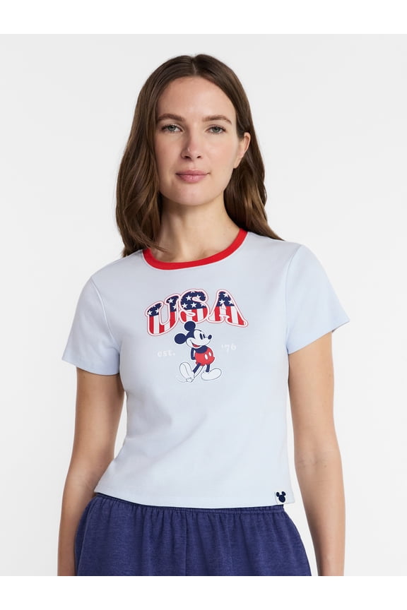 Women's Mickey Americana Stars and Stripes Graphic Baby Tee with Short Sleeves, Sizes XXS-XXL