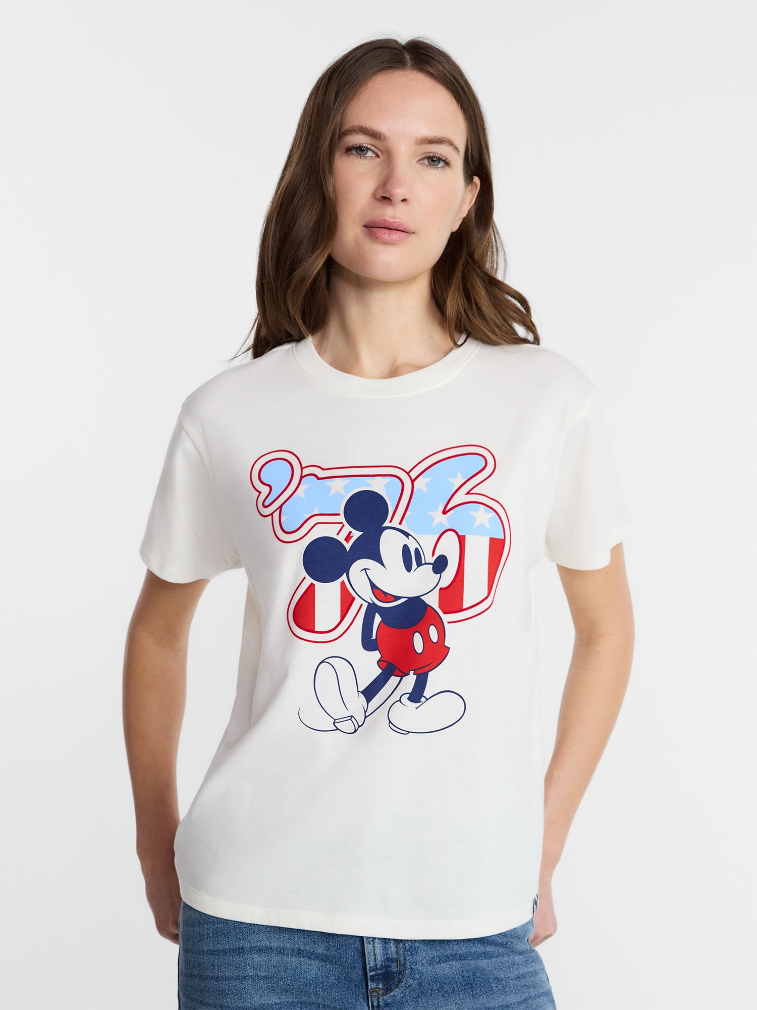 トップス DENIMDUNGAREEHollywoodStudios Mickey TEE Disney Women's Mickey 76 USA Graphic Tee with Short Sleeves, Sizes
