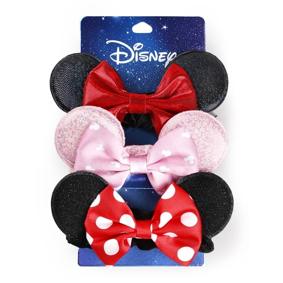 Disney Minnie Mouse 3 Pack Bow Scrunchies for Girls Toddlers Kids, Satin Sparkle Hair Ties, Elastic Ponytail Holders Hair Accessories, Birthday Back to School Gift