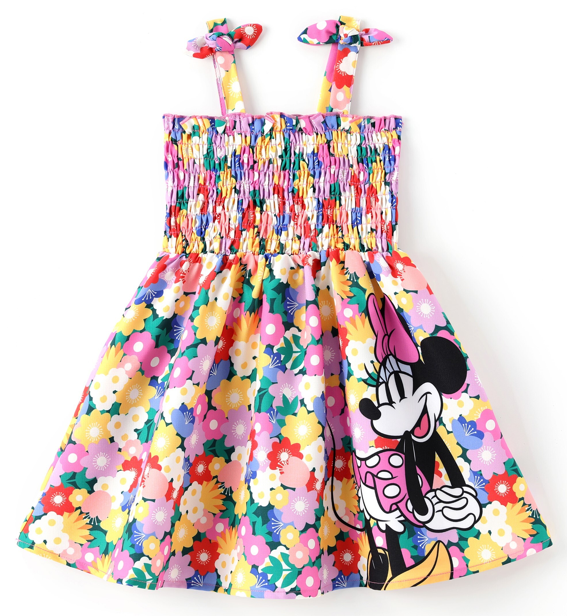 Disney Kids Girls Dresses Minnie Mouse Graphic Cute Flower Bow Suspender Smocked Dress Sizes 5-6Y