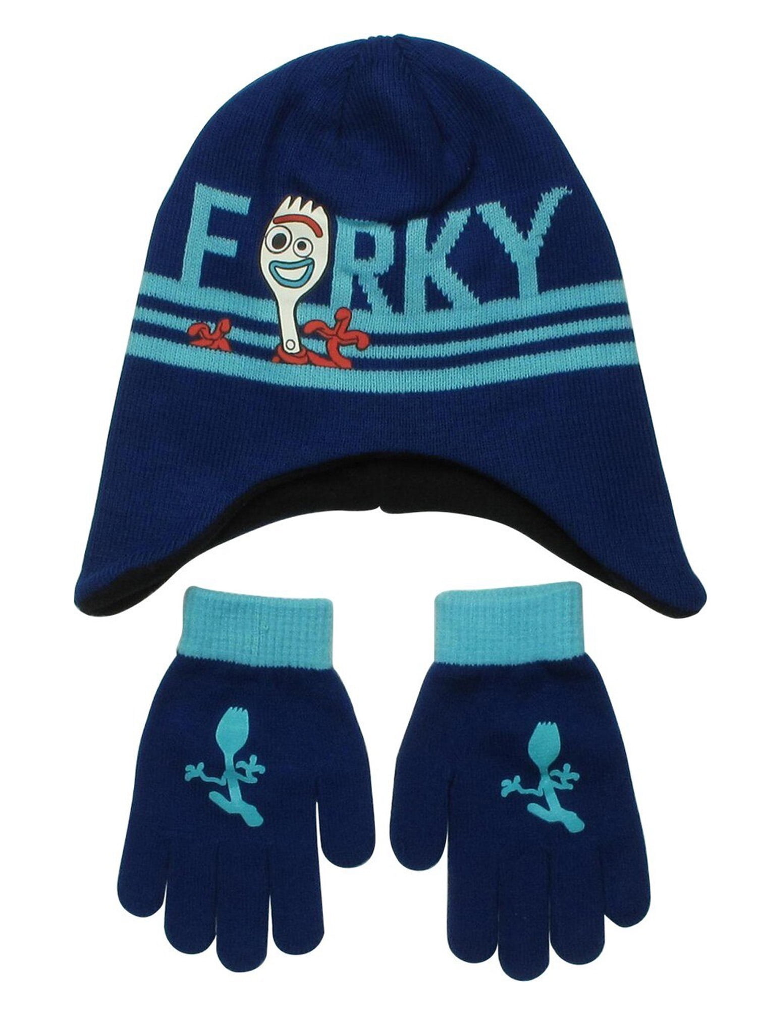 Disney Kids Toy Story 4 Forky Knit Beanie Hat & Gloves Blue Winter Set