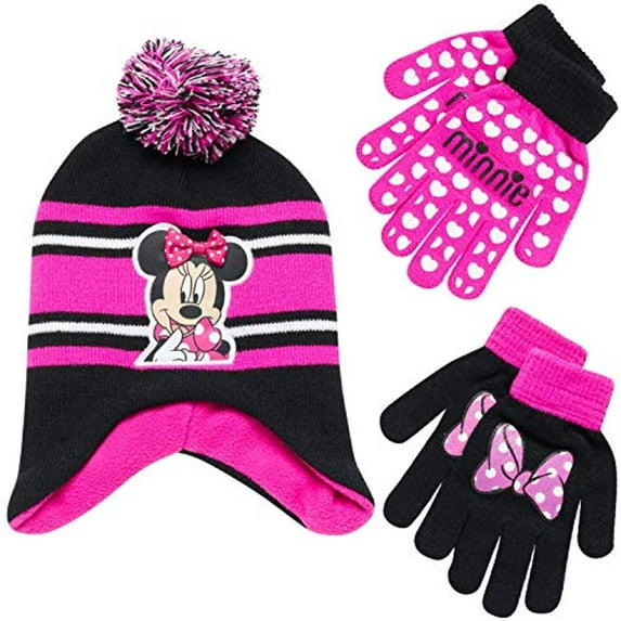 Disney Kids Winter Hat and 2-Pack Kids Gloves or Toddlers Mittens, Minnie Mouse Baby Beanie for Girls Ages 2-7