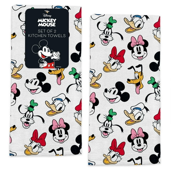 Disney Kitchen Towels, 100% Cotton, Mickey & Friends Head Shots Print, 16” x 26”, Soft Absorbent Dish Towels, 2 Count