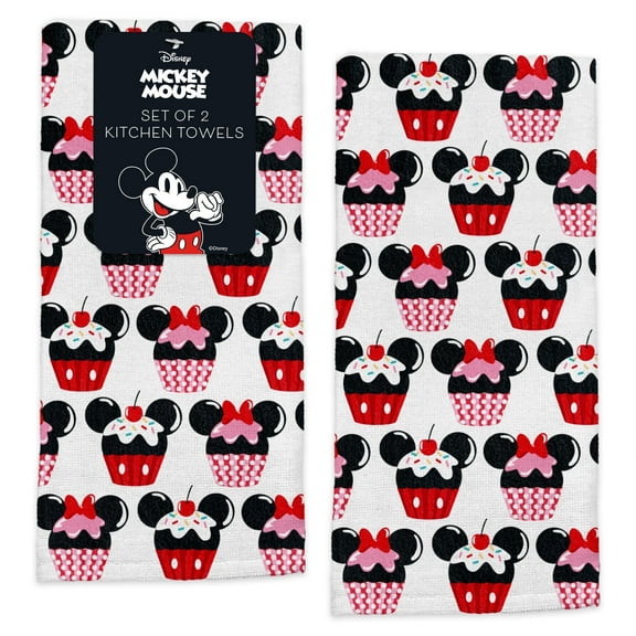 Disney Kitchen Towels, 100% Cotton, Mickey & Minnie Cupcakes Print, 16” x 26”, Soft Absorbent Dish Towels, 2 Count