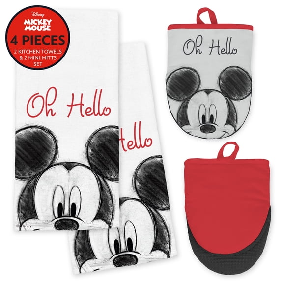 Disney Kitchen Towels and Oven Mitts Set, 4 Piece Bundle with Mini Mitts and Cotton Dish Towels