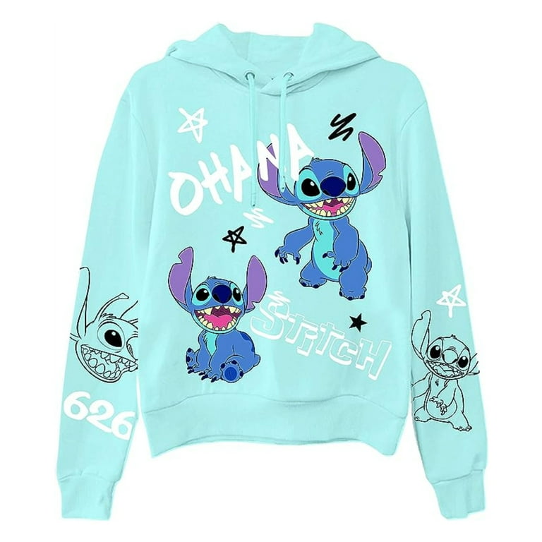 Disney Ladies Lilo and Stitch Classic Sweatshirt, Ohana Multi Print Hoodie  Light blue-XL