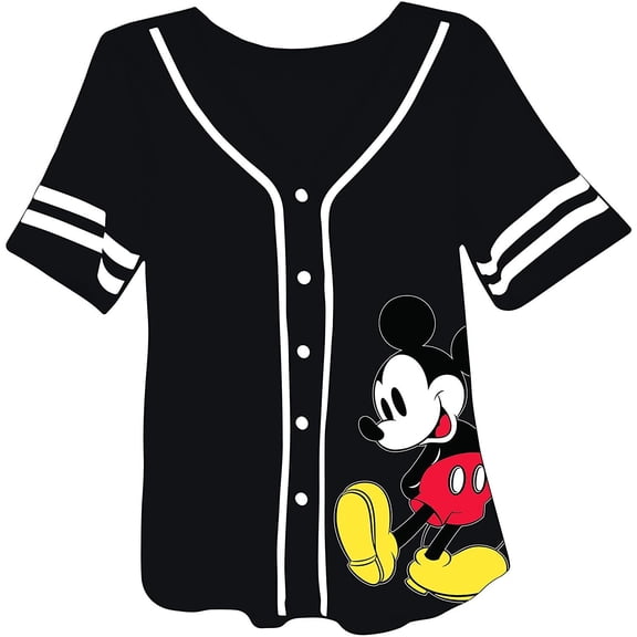 Disney Women's Mickey Mouse Baseball Jersey, Classic Graphic Print Baseball Shirt Black - S