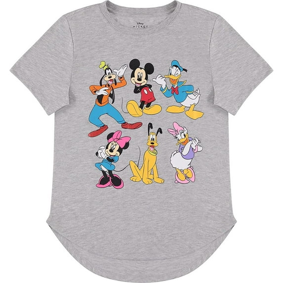 Disney Ladies Mickey Mouse Fashion Shirt - Ladies Classic Mickey & Minnie Mouse Clothing Curved Hem Hi Lo Tee Heather Grey, Large