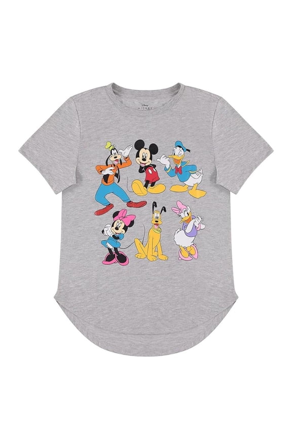 Women's Mickey Mouse Shirt, Graphic Curved Hem Cartoon T-shirt Heather Grey – XS