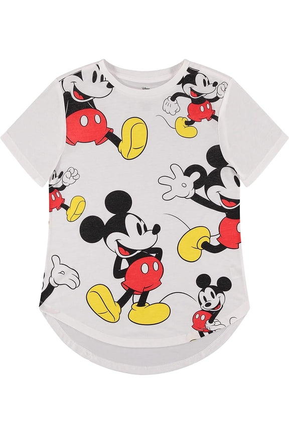 Ladies Mickey Mouse Fashion Shirt - Ladies Classic Mickey & Minnie Mouse Clothing Curved Hem Hi Lo Tee White, Small