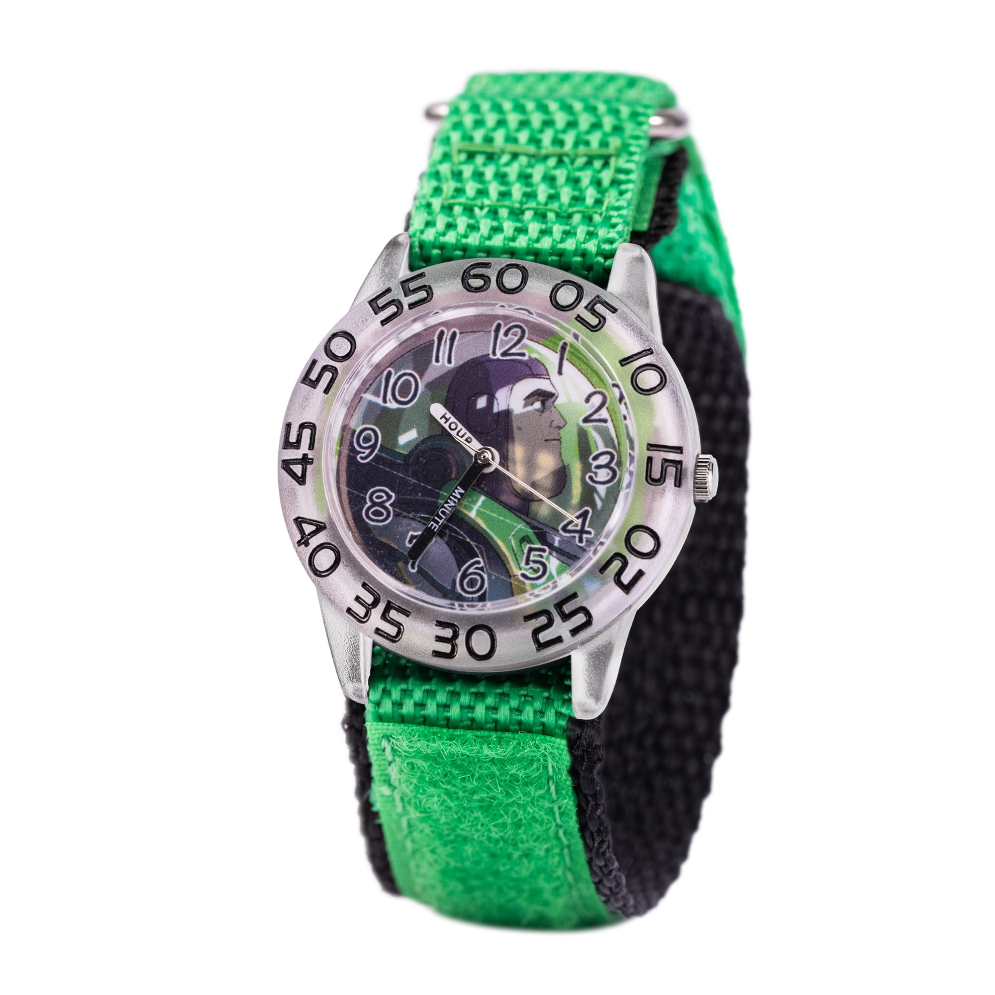 Disney Lightyear Buzz Lightyear Boys Clear Plastic Time Teacher Watch Green Hook and Loop Nylon Strap with Black Backing WDS001151