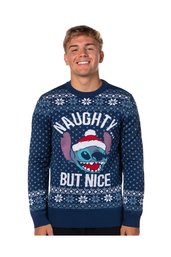 Disney Lilo And Stich Men's Naughty But Nice Ugly Christmas Holiday Knit Sweater Pullover