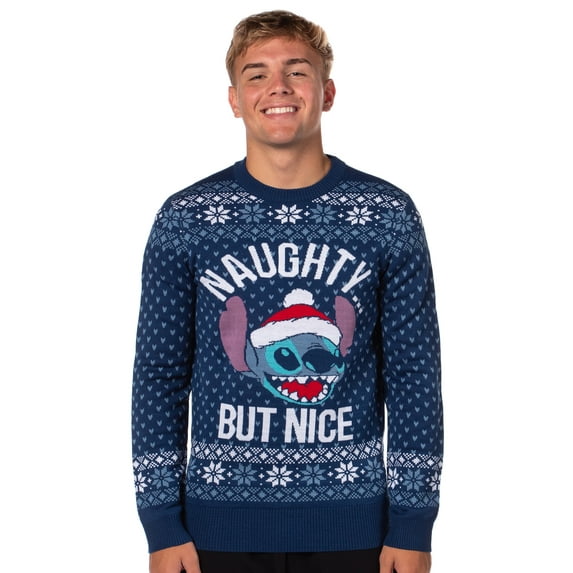 Disney Lilo And Stich Men's Naughty But Nice Ugly Christmas Holiday Knit Sweater Pullover