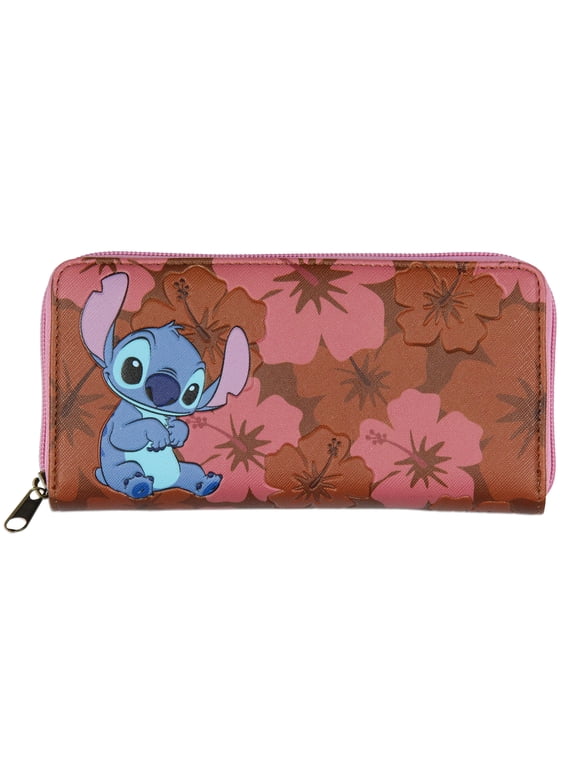 Disney Lilo And Stitch Allover Floral Stamped Design with Stitch Faux Leather Full Zip Wallet Bi-Fold