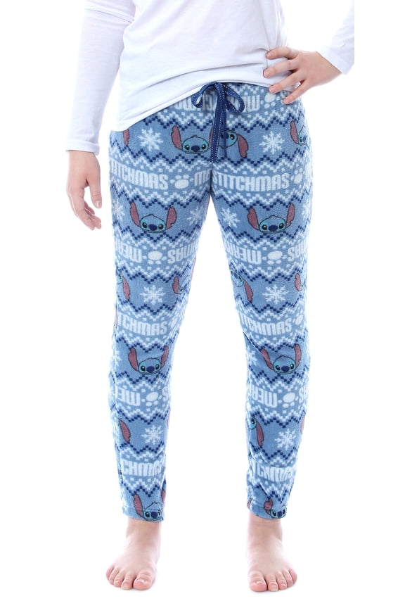 Disney Lilo And Stitch Juniors' Merry Stitchmas Plush Fleece Pajama Pants, LG
