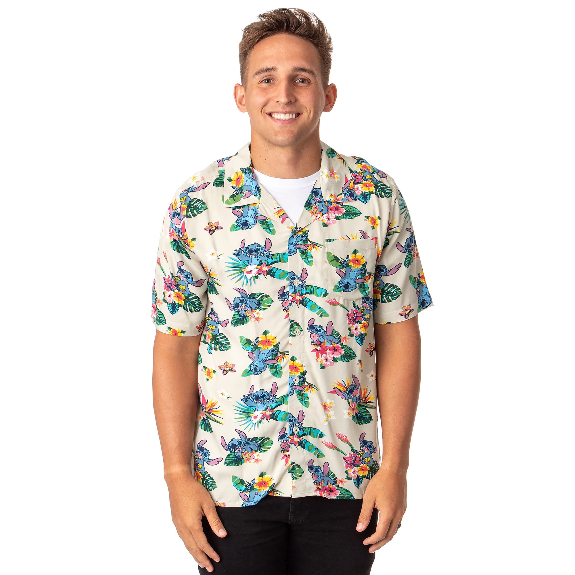 Disney Lilo And Stitch Men's Stitch Tropical Hawaiian Button Up Shirt ...