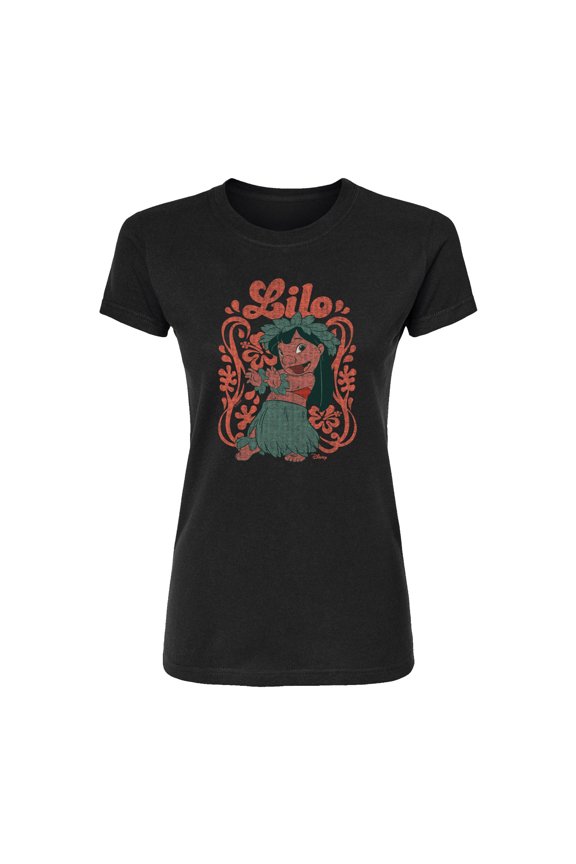 - Lilo Floral Frame - Juniors Fitted Short Sleeve Graphic T-Shirt