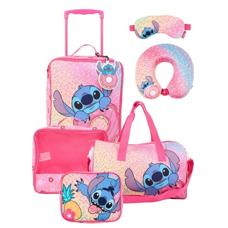 Disney Lilo & Stitch 7-Piece Kids Luggage Set, 14” Softside Rolling Suitcase with Backpack & Travel Accessories, Pink