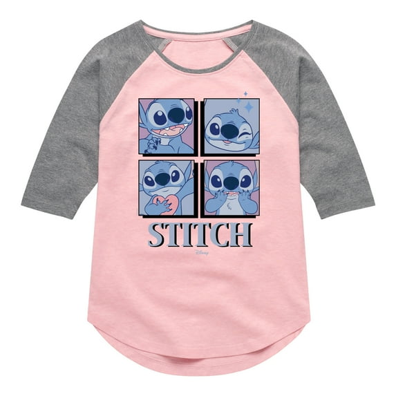 Disney - Lilo & Stitch - All The Expressions of Stitch - Toddler & Youth Girls Raglan Graphic T-Shirt