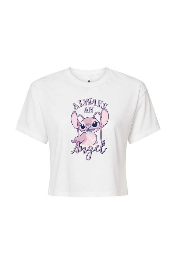 - Lilo & Stitch - Always An Angel - Juniors Cropped Cotton Blend T-Shirt