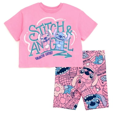 Disney Lilo & Stitch Angel Cropped Boxy T-Shirt and Bike Shorts Outfit Set Toddler to Big Kid