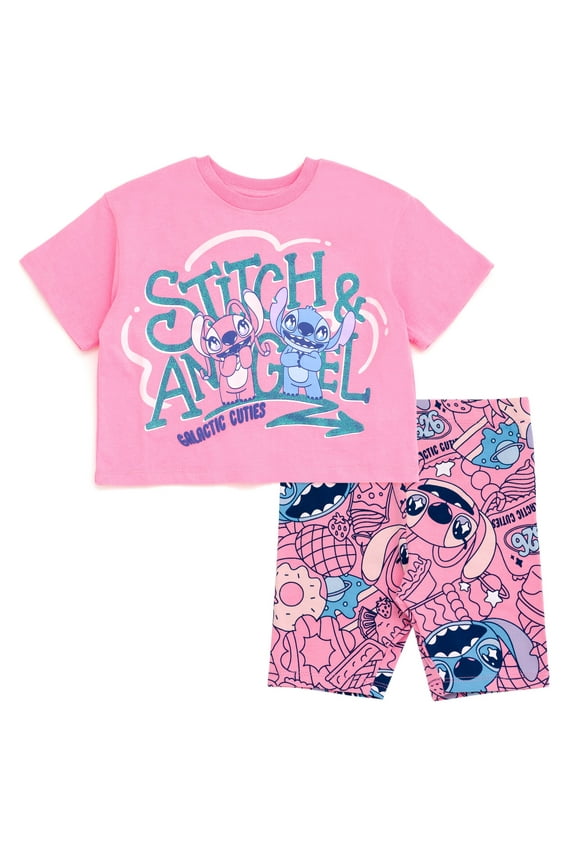 Disney Lilo & Stitch Angel Cropped Boxy T-Shirt and Bike Shorts Outfit Set Toddler to Big Kid