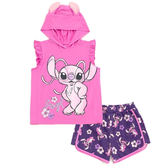 Disney Lilo & Stitch Angel Hooded Cosplay Tank Top and French Terry Dolphin Active Shorts Outfit Set Toddler to Big Kid