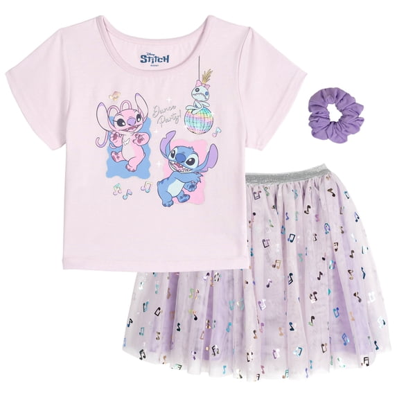 Disney Lilo & Stitch Angel Scrump T-Shirt, Tutu Tulle Skirt and Scrunchie 3 Piece Outfit Set Toddler to Big Kid
