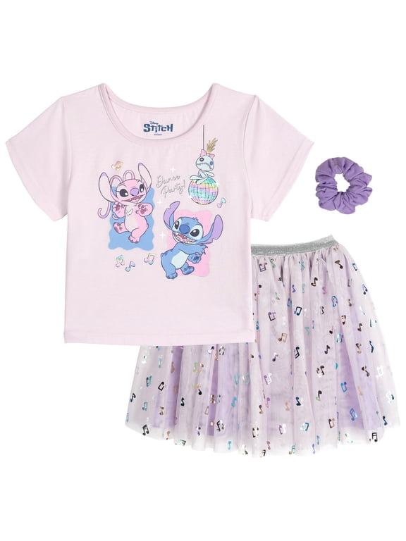 Lilo & Stitch Angel Scrump T-Shirt, Tutu Tulle Skirt and Scrunchie 3 Piece Outfit Set Toddler to Big Kid