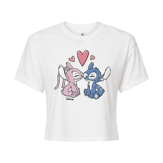 Disney - Lilo & Stitch - Angel & Stitch Share Kisses - Juniors Cropped Cotton Blend T-Shirt