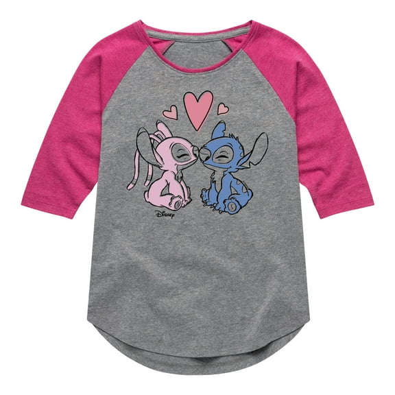 Disney - Lilo & Stitch - Angel & Stitch Share Kisses - Toddler & Youth Girls Raglan Graphic T-Shirt