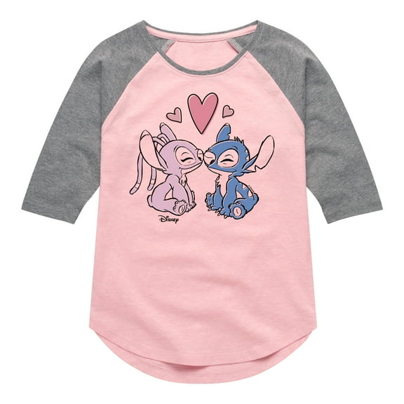 Disney - Lilo & Stitch - Angel & Stitch Share Kisses - Toddler & Youth Girls Raglan Graphic T-Shirt