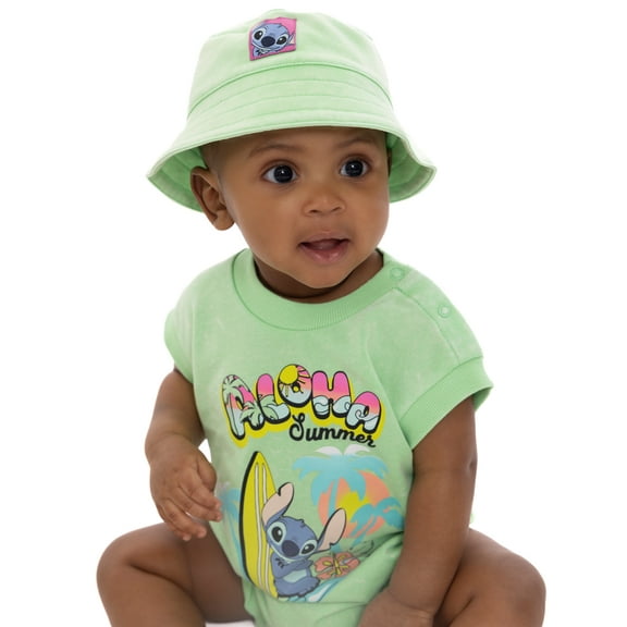 Disney Lilo & Stitch Baby Girls Sleeveless Graphic Romper with Matching Bucket Hat, 2-Piece Set, Sizes 0-3 Months- 24 Months