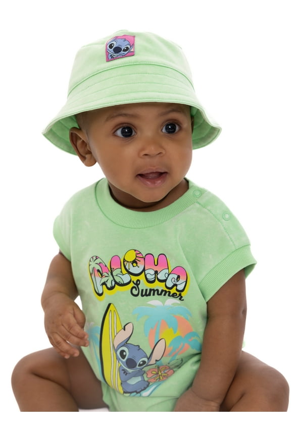Disney Lilo & Stitch Baby Girls Sleeveless Graphic Romper with Matching Bucket Hat, 2-Piece Set, Sizes 0-3 Months- 24 Months