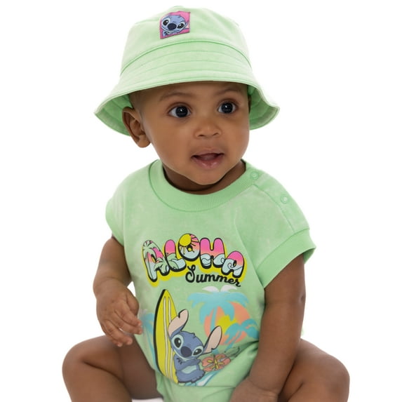 Disney Lilo & Stitch Baby Girls Sleeveless Graphic Romper with Matching Bucket Hat, 2-Piece Set, Sizes 0-3 Months- 24 Months