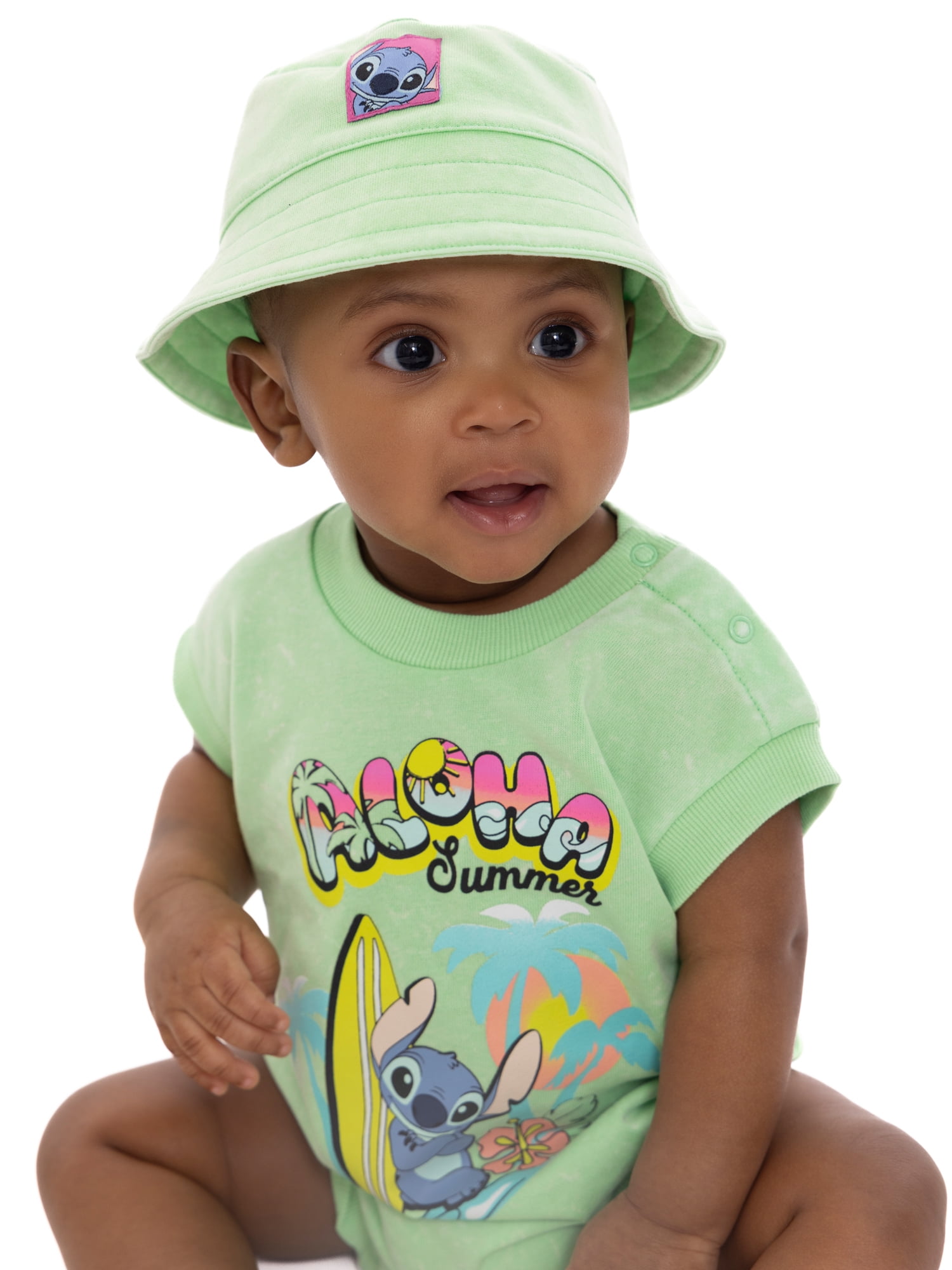Disney Lilo & Stitch Baby Girls Sleeveless Graphic Romper with Matching Bucket Hat, 2-Piece Set, Sizes 0-3 Months- 24 Months