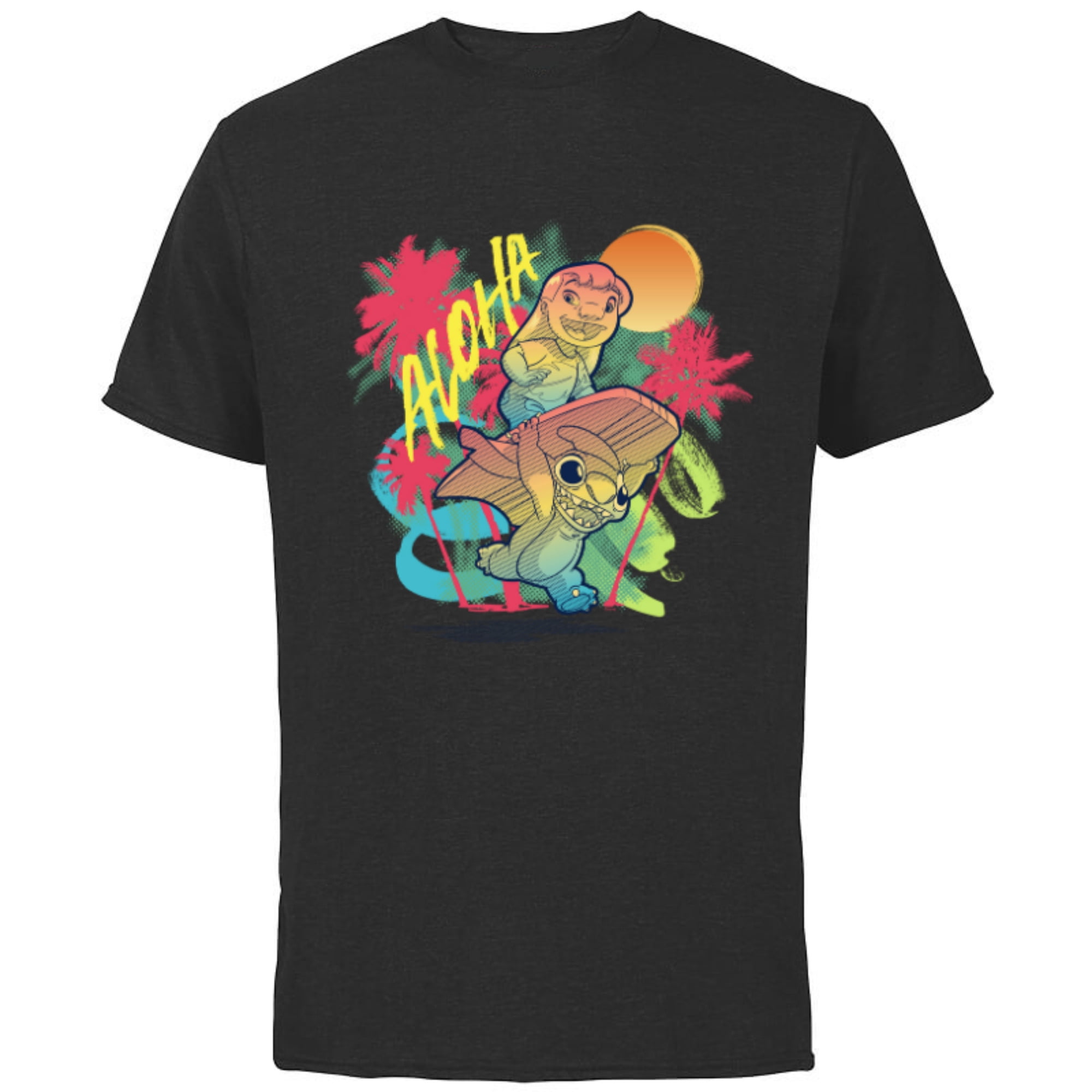 Disney Lilo & Stitch Beach Vibes Sunny Surfing Aloha - Short Sleeve Cotton T-Shirt for Adults - Customized-Black