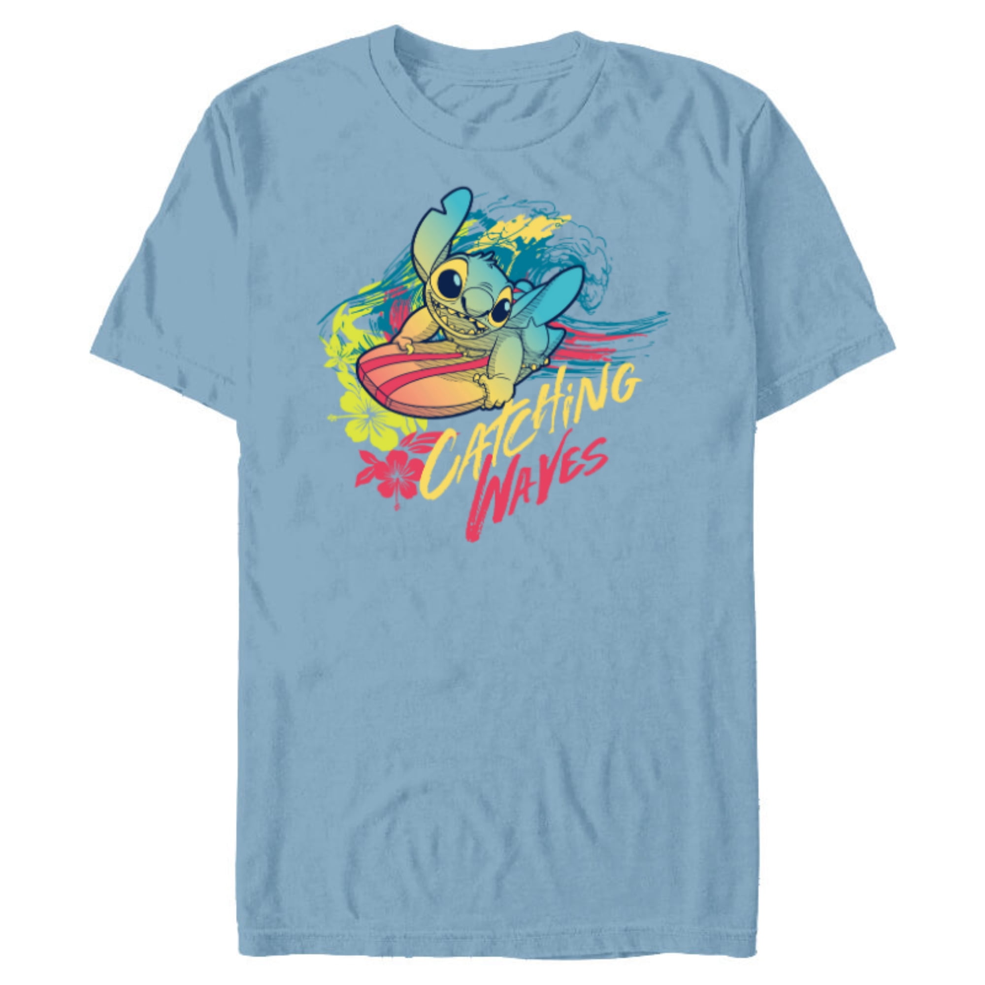 Disney Lilo & Stitch Beach Vibes Surfing Catching Waves - Short Sleeve Blended T-Shirt for Adults - Customized-Ocean Blue