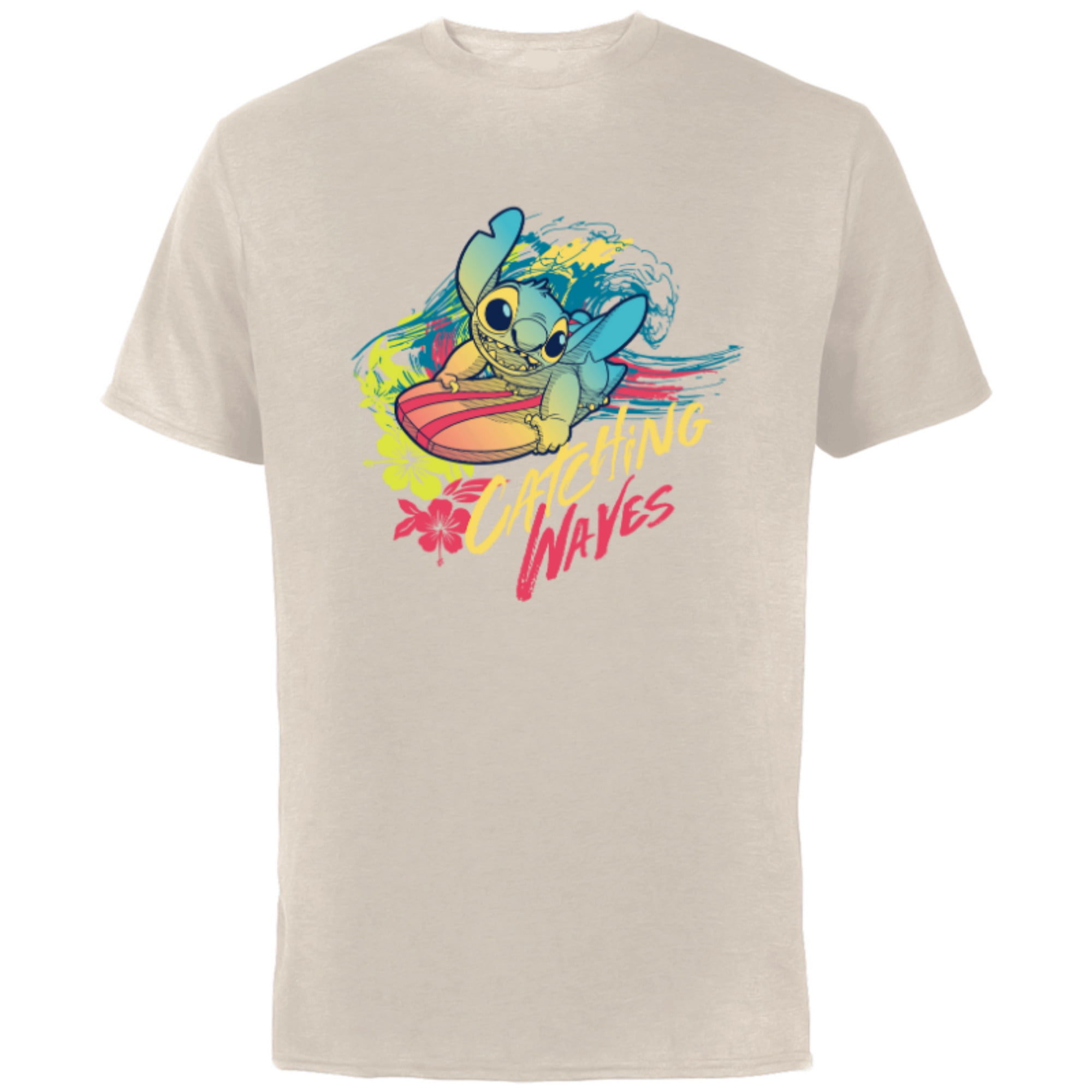 Disney Lilo & Stitch Beach Vibes Surfing Catching Waves - Short Sleeve Cotton T-Shirt for Adults - Customized-Natural