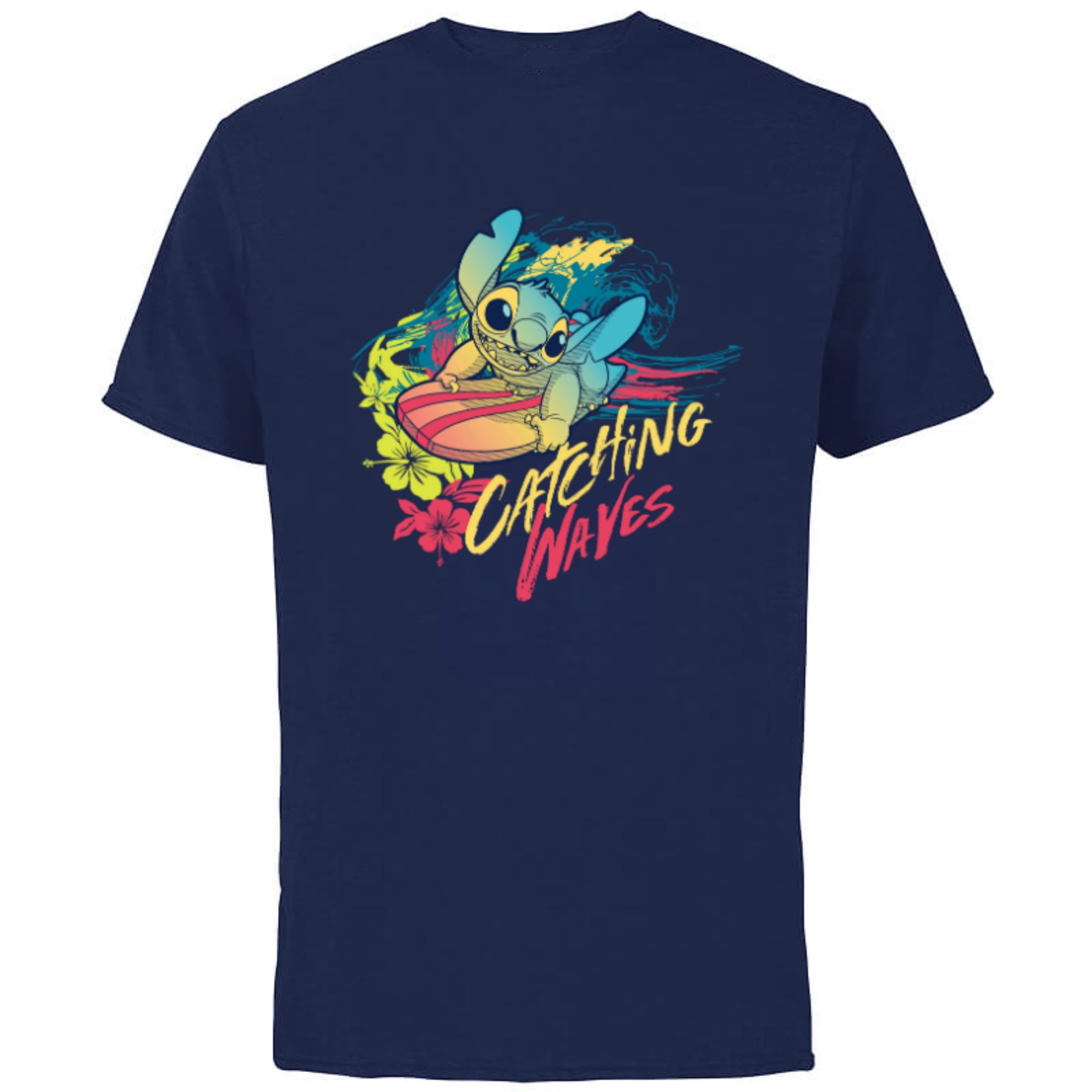 Disney Lilo & Stitch Beach Vibes Surfing Catching Waves - Short Sleeve Cotton T-Shirt for Adults - Customized-Navy